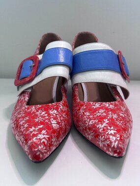 John Fluevog Effortless Felicity Floral Red Mary Jane Heels 41 / US 11